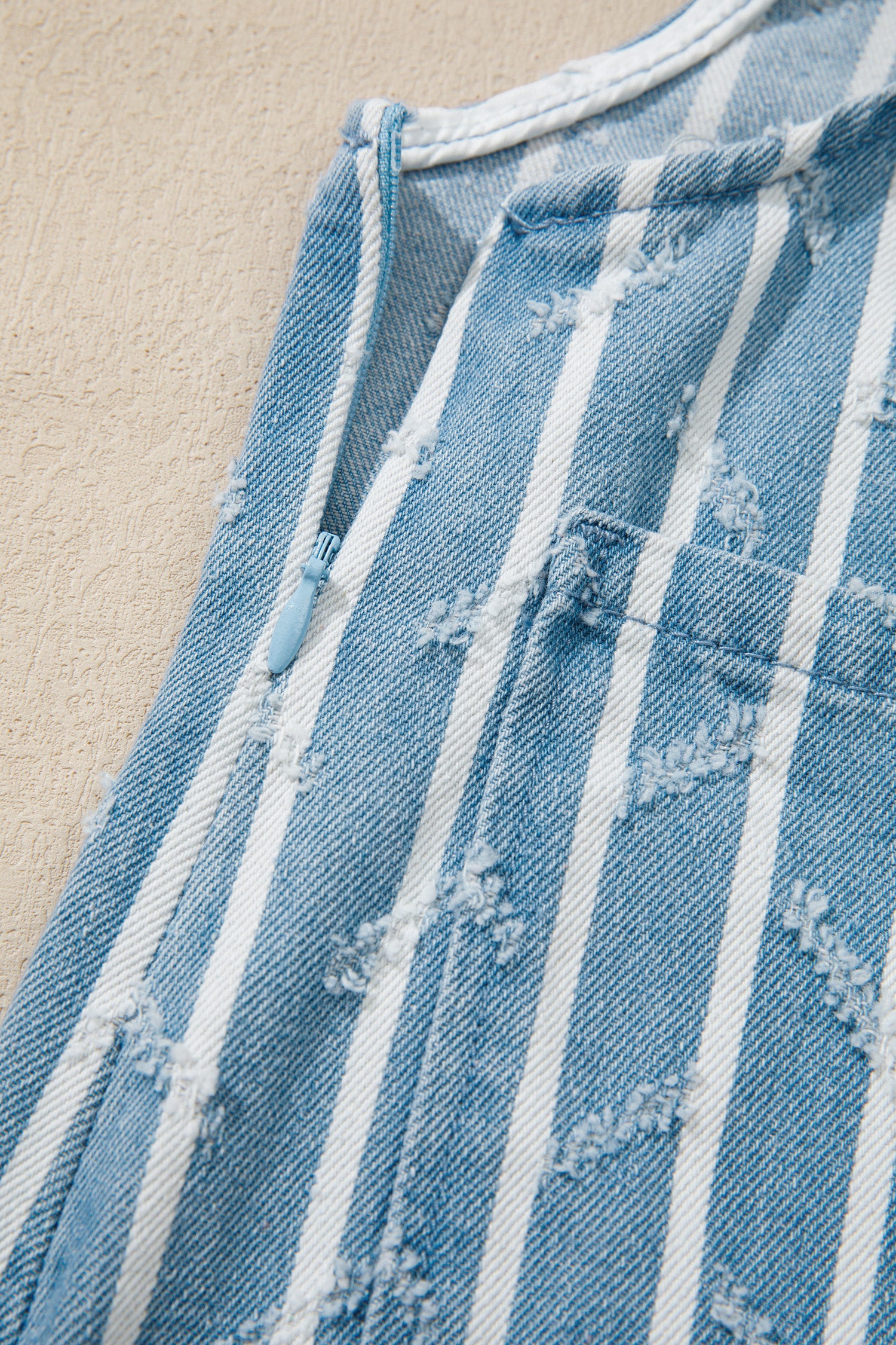 Striped Distressed Ruffled Wide Leg Denim Overalls – Blue