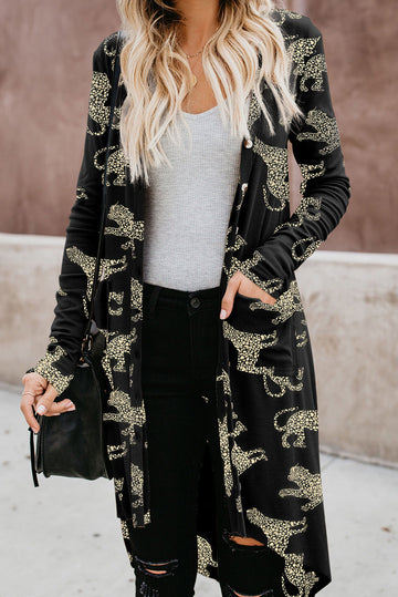 Black Printed Animal Print Ribbed Knit Cardigan eAura