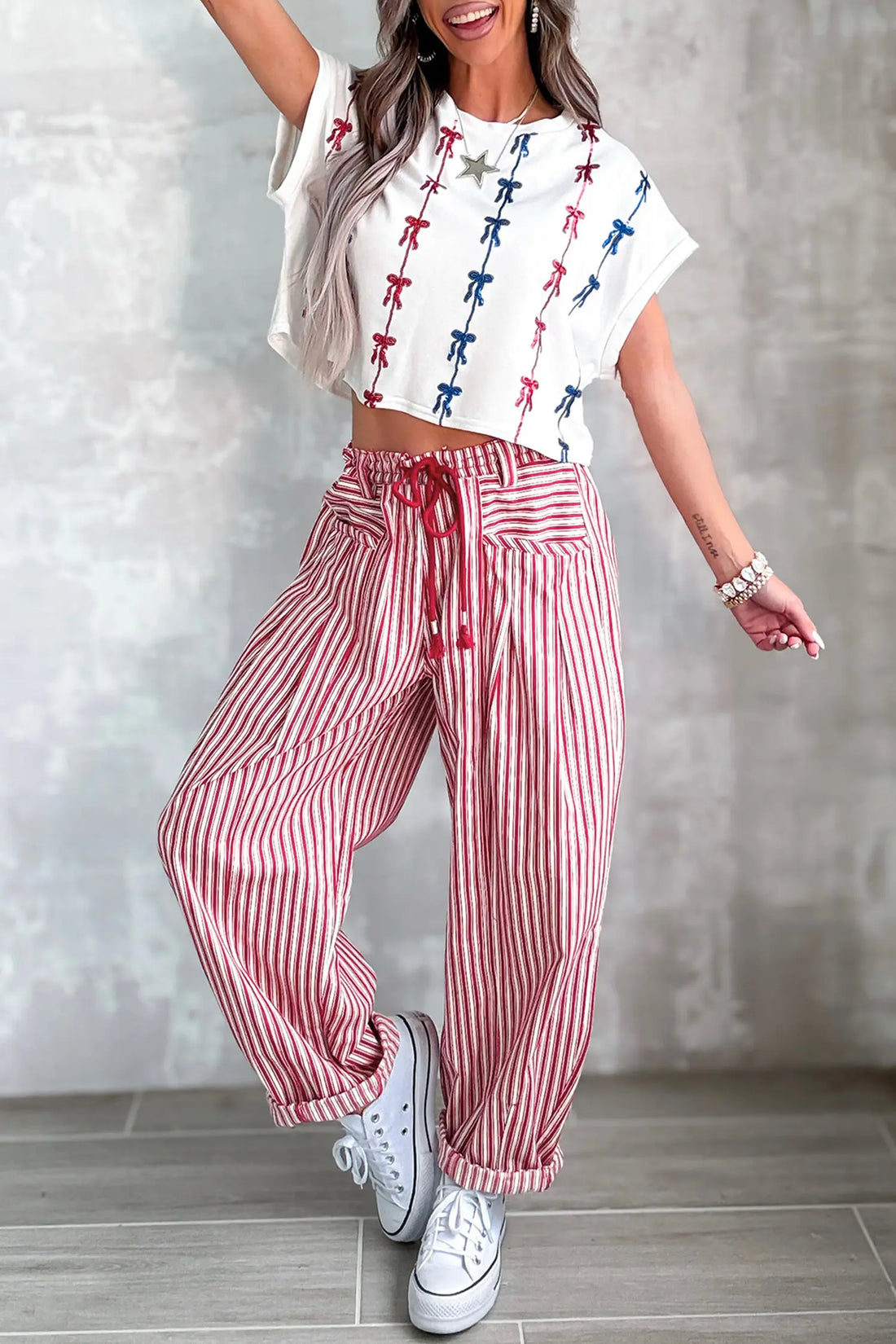 Drawstring Casual Loose Pants – Red Stripe