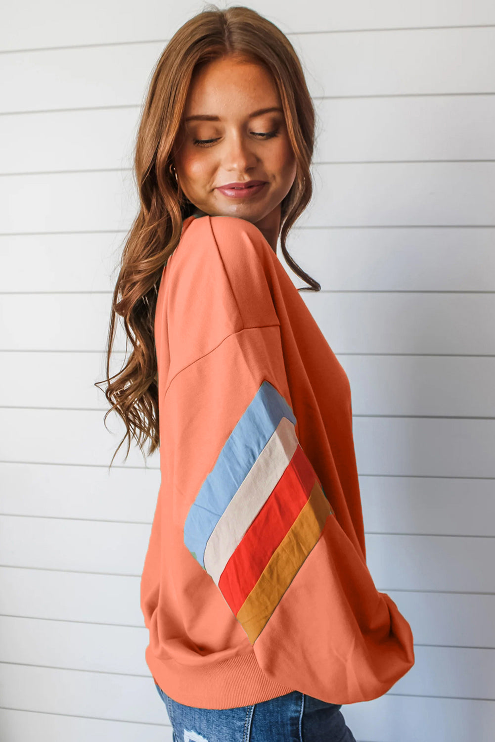 Flamingo Rainbow Striped Sleeve Crew Neck Loose Sweatshirt eAura