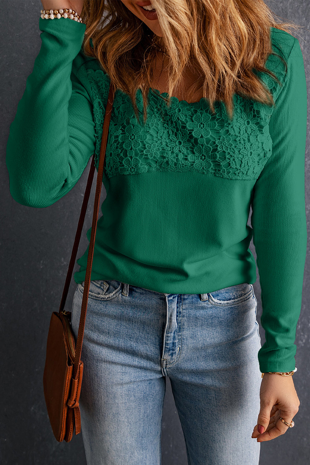 Lace Crochet V Neck Long Sleeve Top eAura