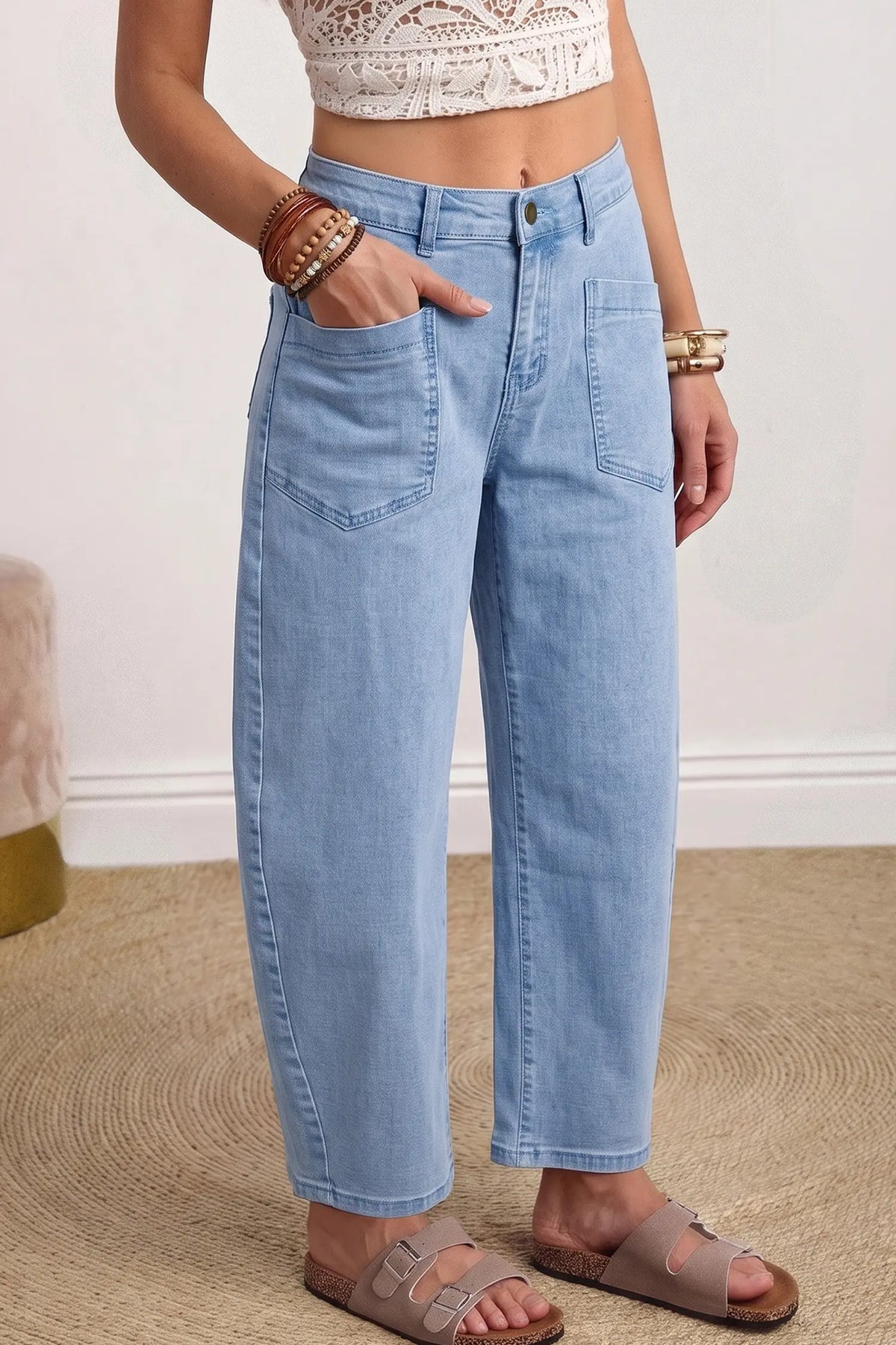Solid Colour Square Patch Pocket Ankle-length Barrel Jeans – Beau Blue
