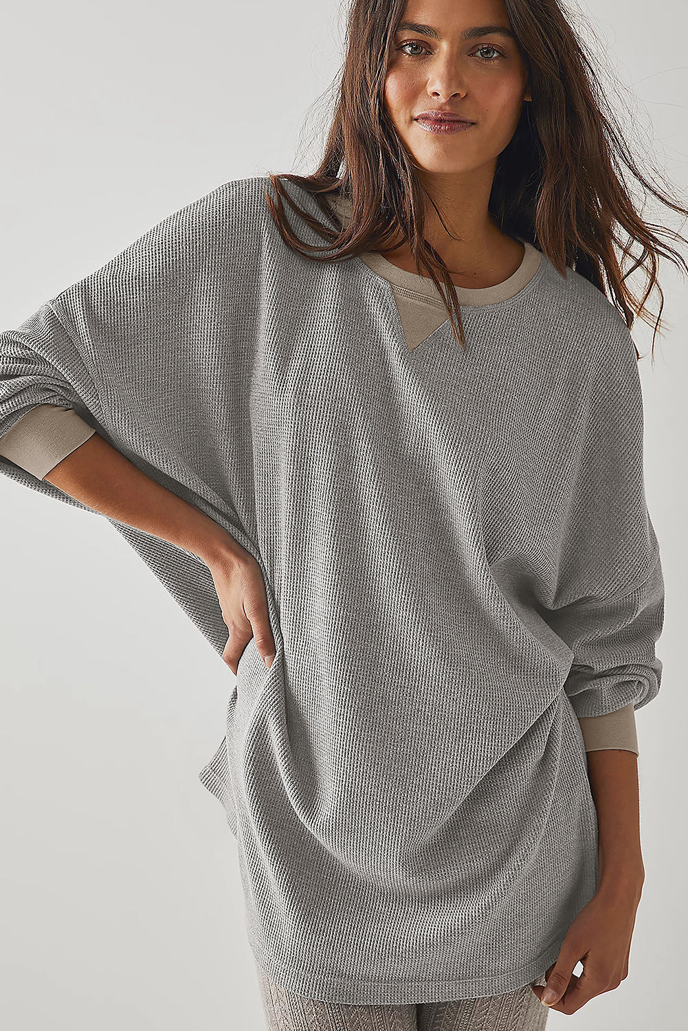Grey Thermal Pullover Loose Sweatshirt eAura