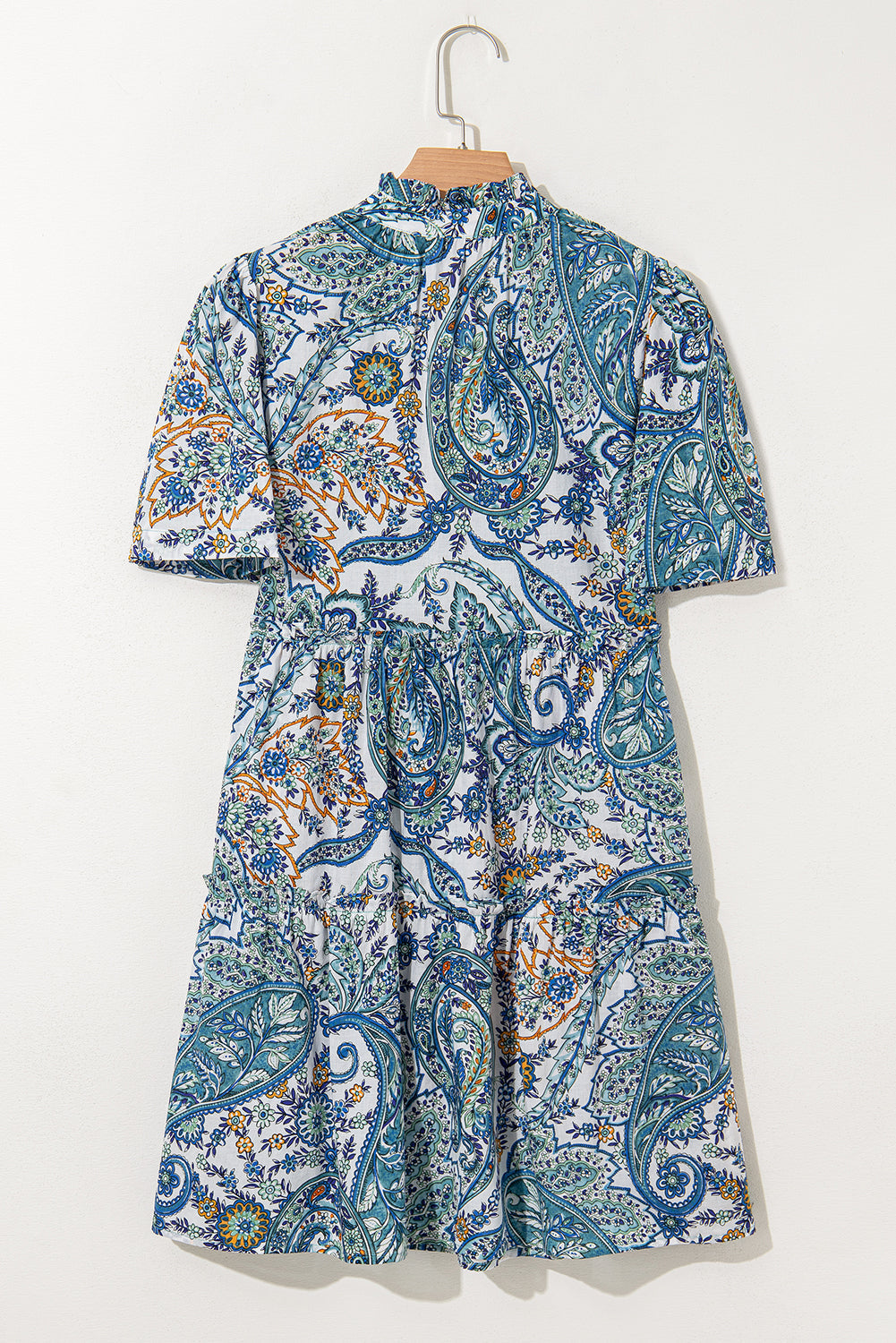 Blue Bohemian Paisley Floral V Neck Short Sleeve Mini Dress eAura