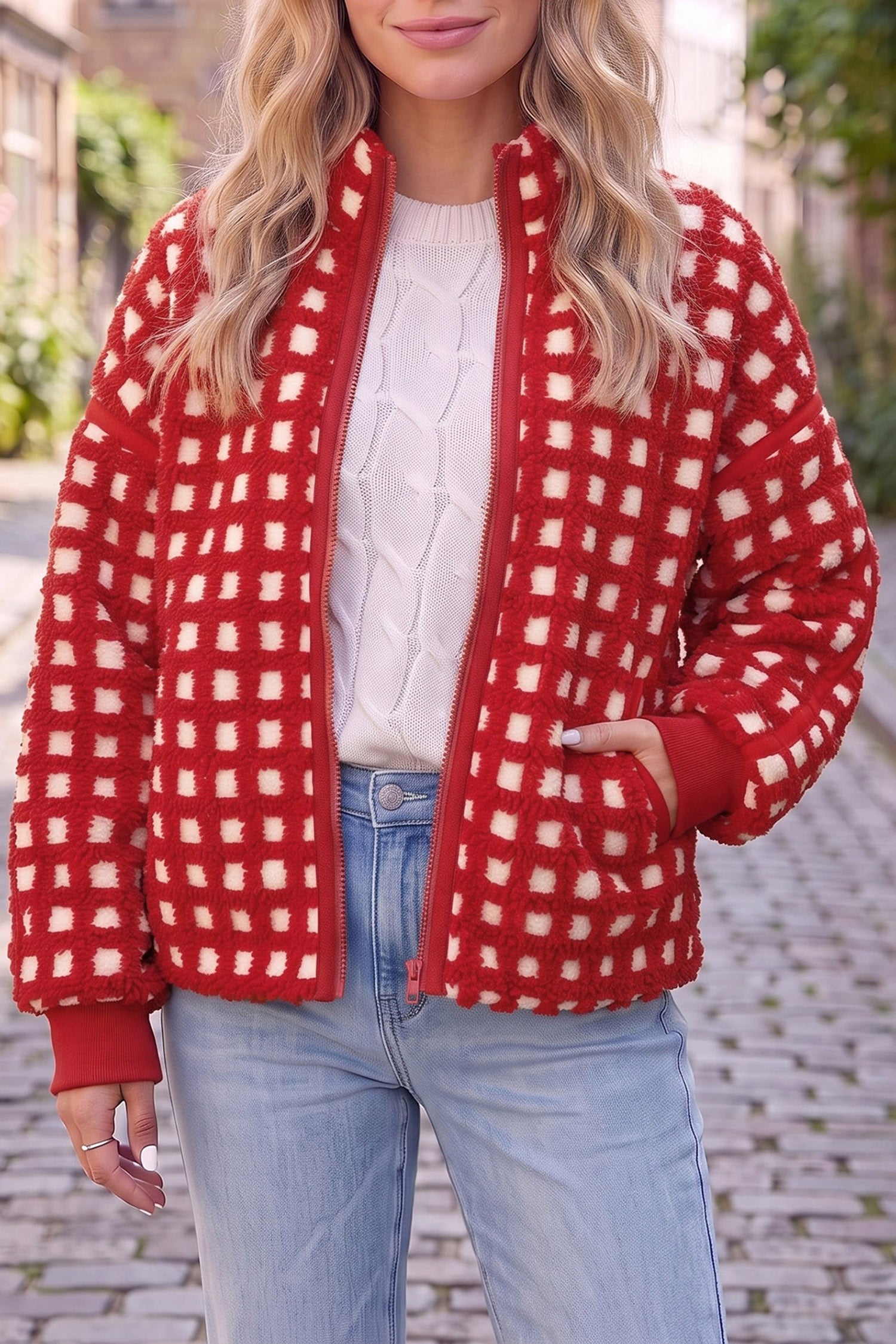 Plaid Zip-up Long Sleeve Jacket – Fiery Red