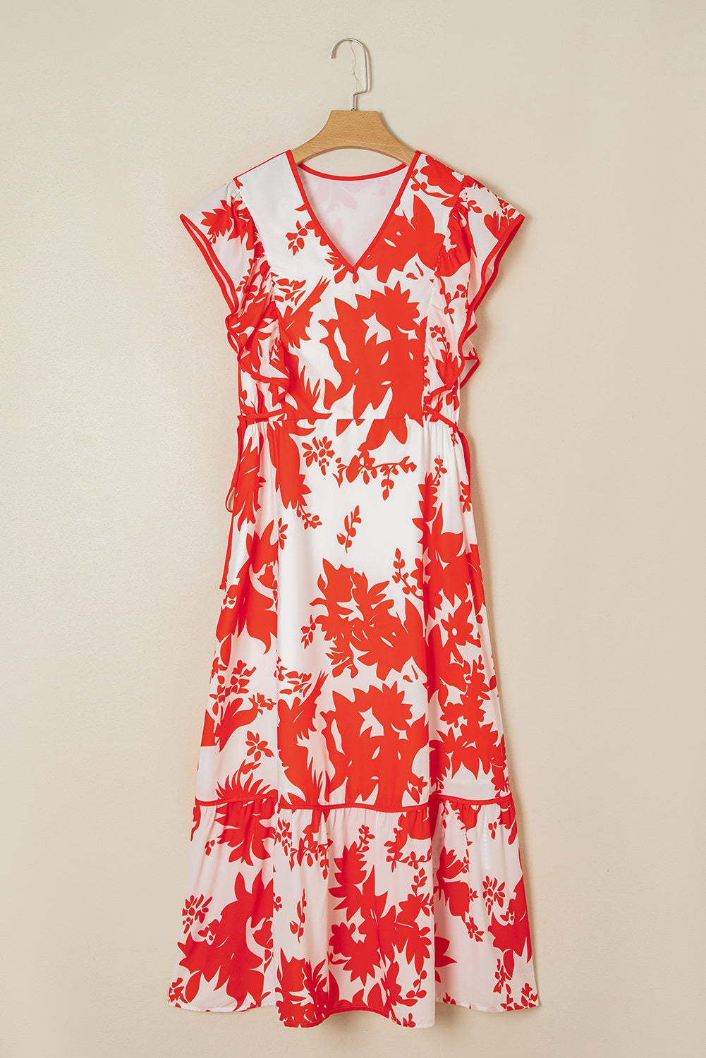 Red Floral Print Trimmed V-Neck Ruffle Sleeve Long Dress eAura