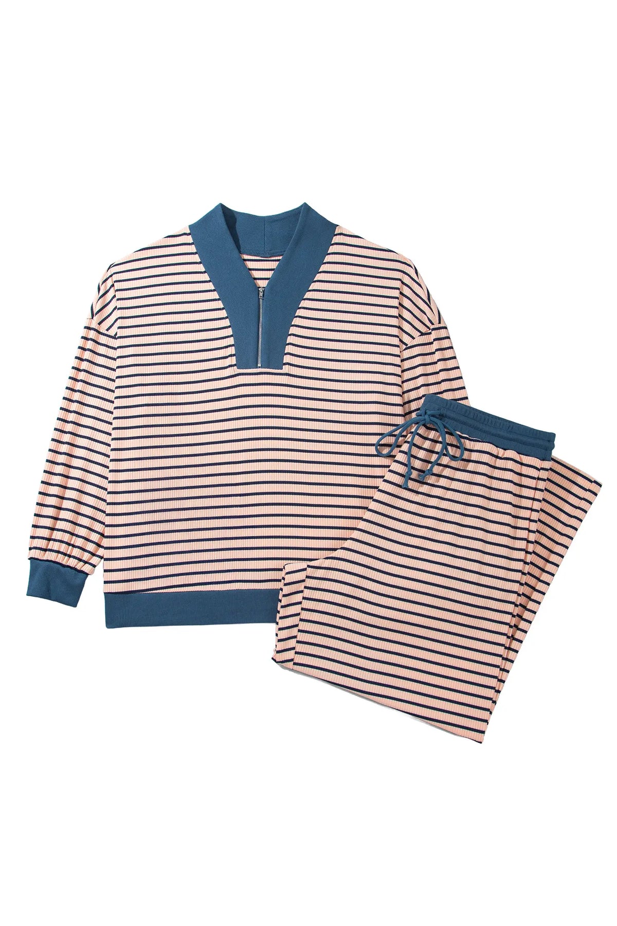Striped Colourblock V Neck Long Sleeve Plus Size Set – Pink Stripe