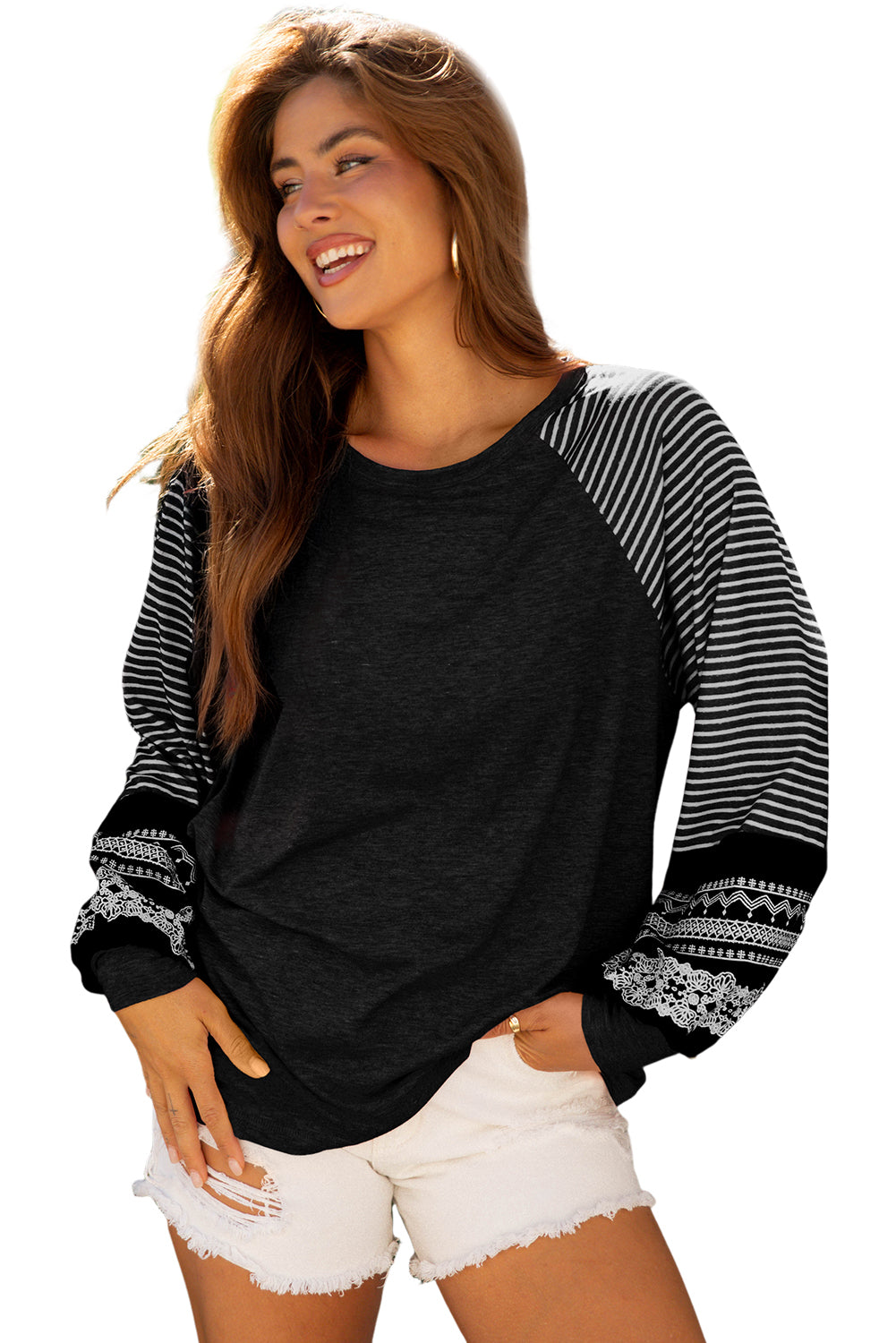 Contrast Print Striped Raglan Long Sleeve Loose Top - eAura