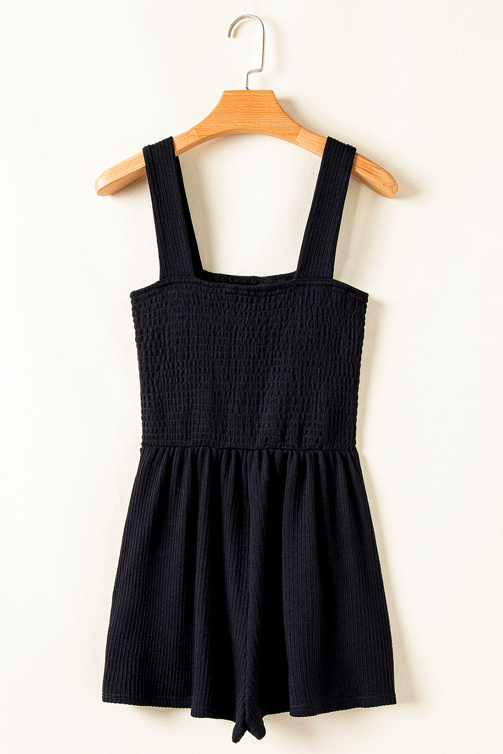 Black Smocked Bust Textured Knit Sleeveless Romper eAura