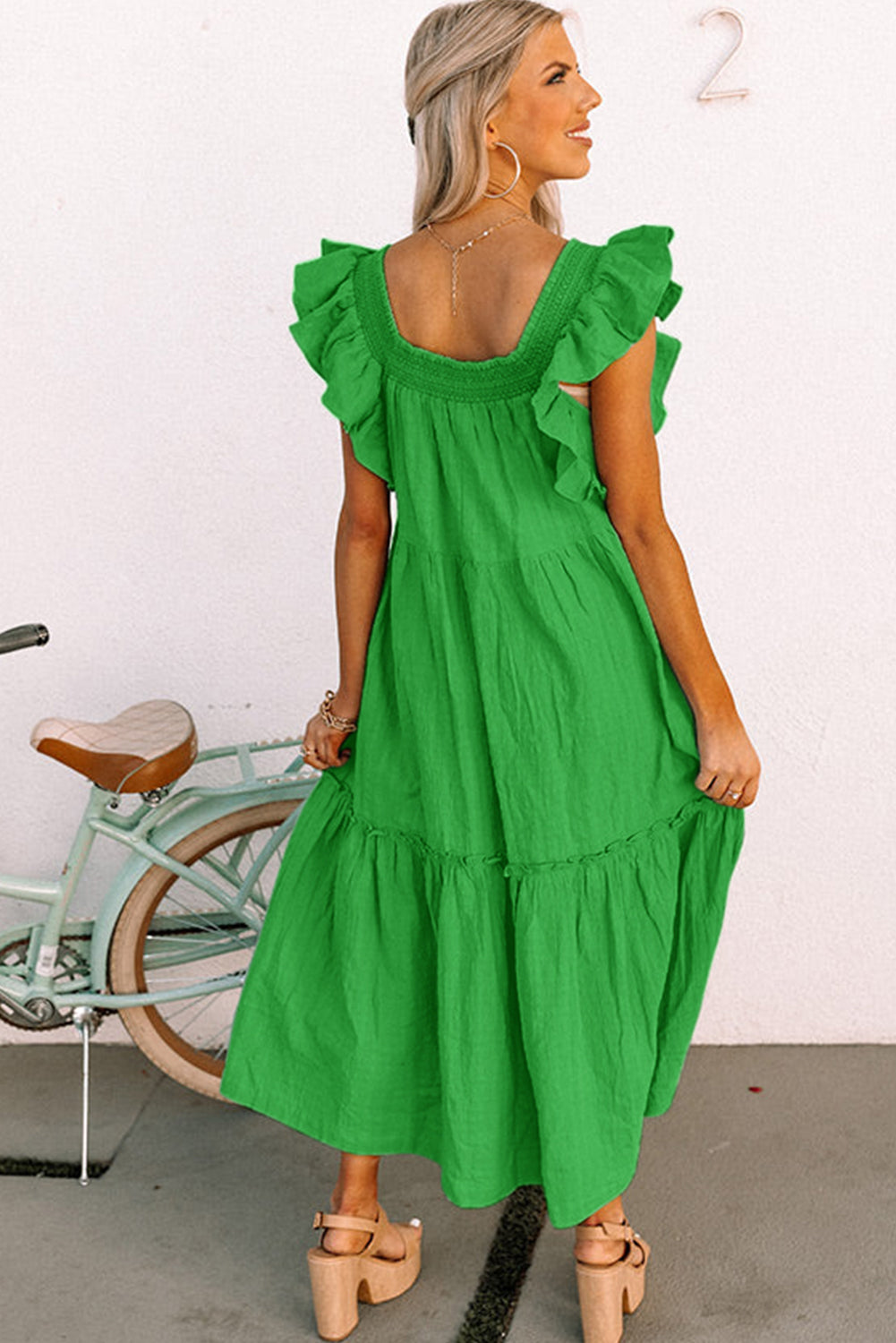 Green Ruffled Flutter Sleeve Square Neck Textured Tiered Maxi Dress Dear-Lover Dropshipping