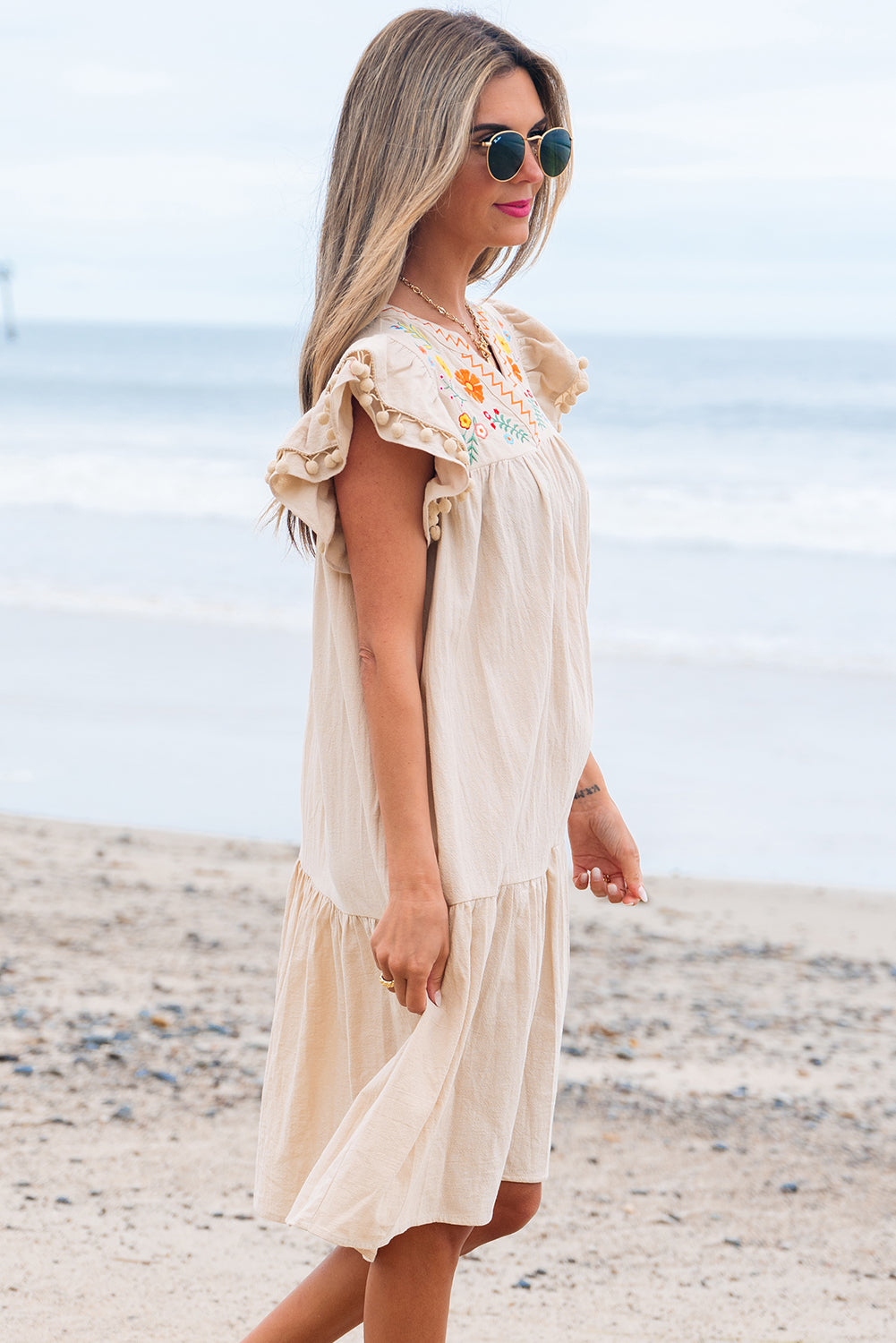 Jet Stream Linen Embroidery Split Neck Pom Pom Ruffle Sleeves Flowy Short Dress eAura