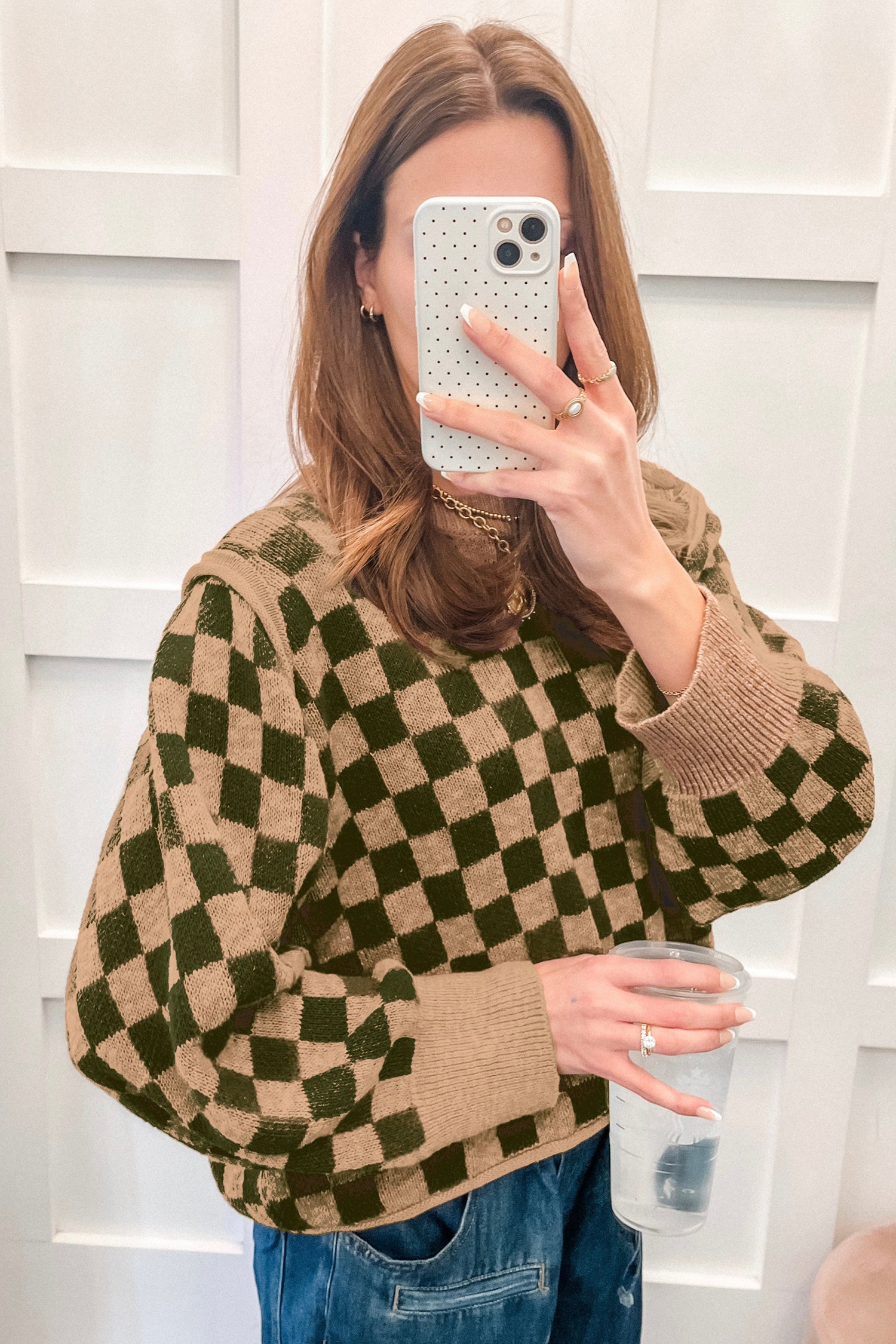 Drop Shoulder Plaid Knit Long Sleeve Sweater – Multicolour