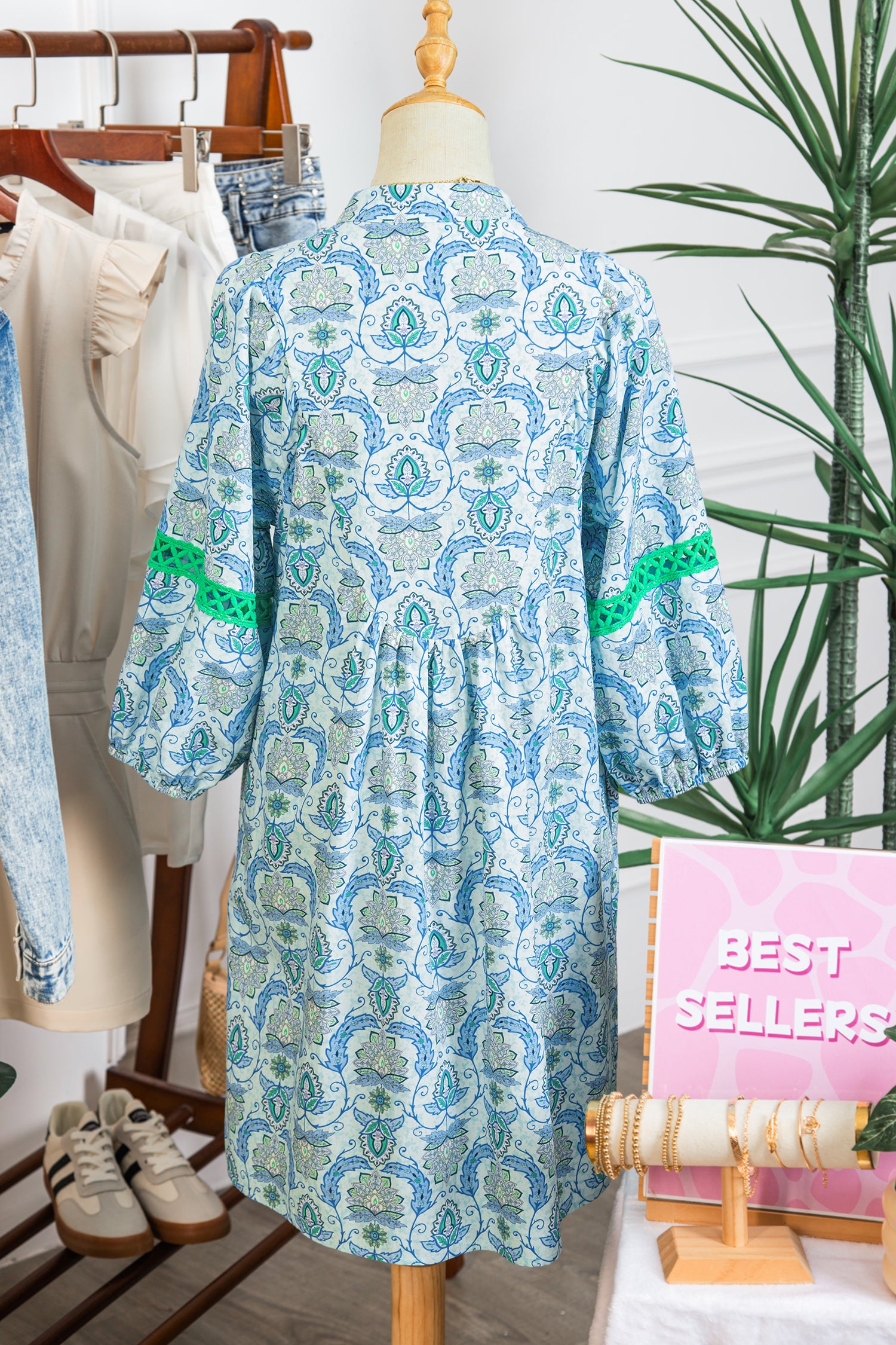 Boho Paisley Print Contrast Patchwork Detail Bracelet Sleeve Loose Mini Dress