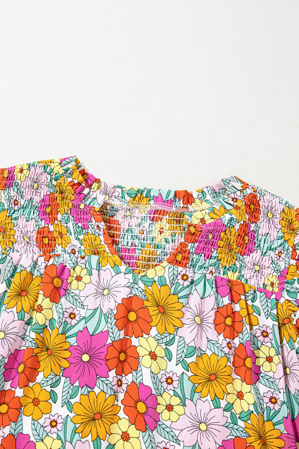 Sky Blue Floral Print Smocked Notch V Neck Flutter Sleeve Mini Dress eAura