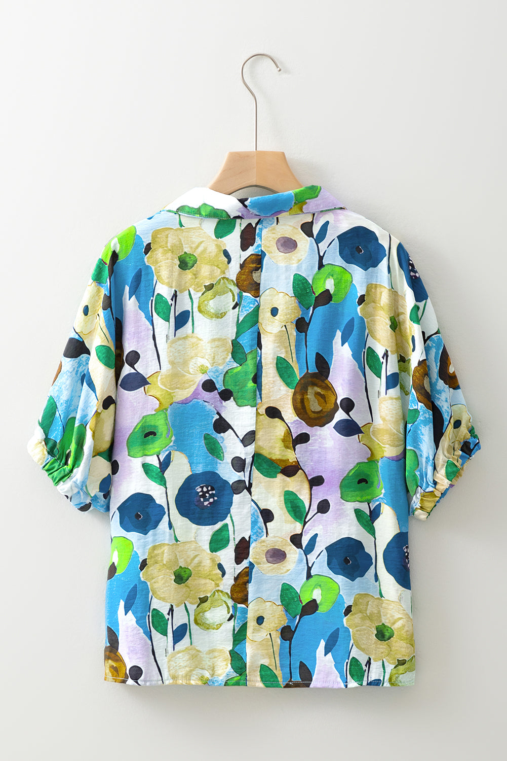 Light Blue Floral Print Slit V Neck Short Sleeve Blouse eAura