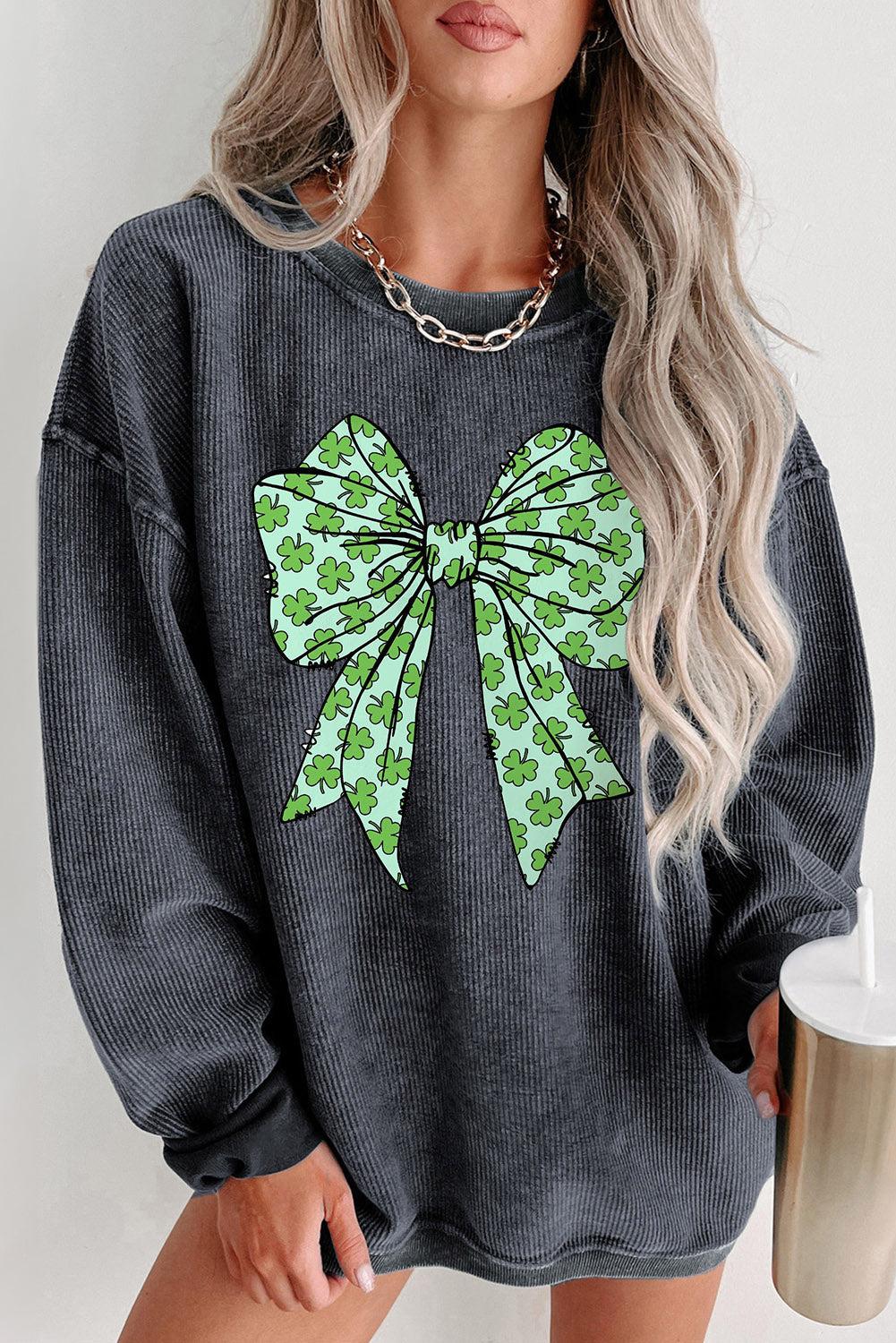 Grey Clover Bowknot Graphic Ribbed Pullover Sweatshirt eAura