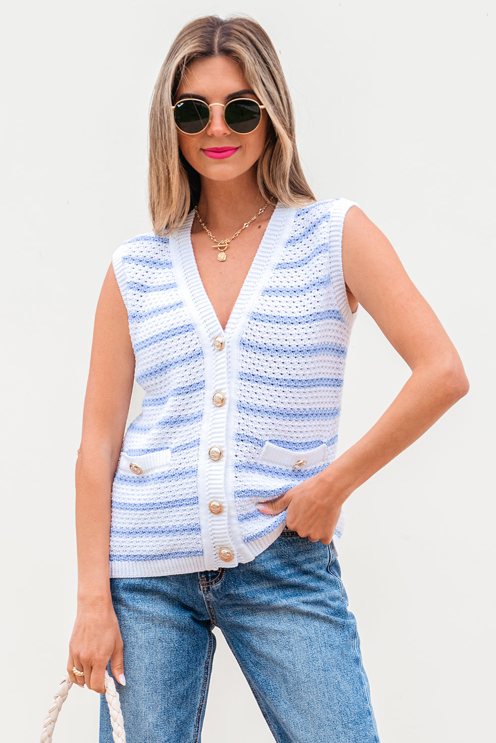 Striped V Neck Gold Buttons Elegant Sleeveless Sweater eAura