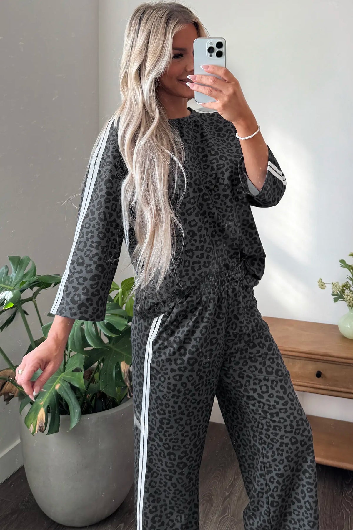 Leopard Print Varsity Striped Detail 3/4 Sleeve Top Shift Pant Set – Pink