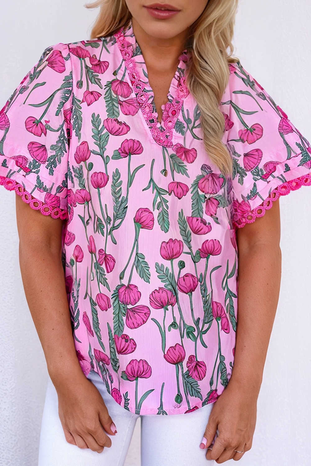 Pink Floral Lace Detail Frilled V Neck Summer Blouse Dear-Lover Dropshipping