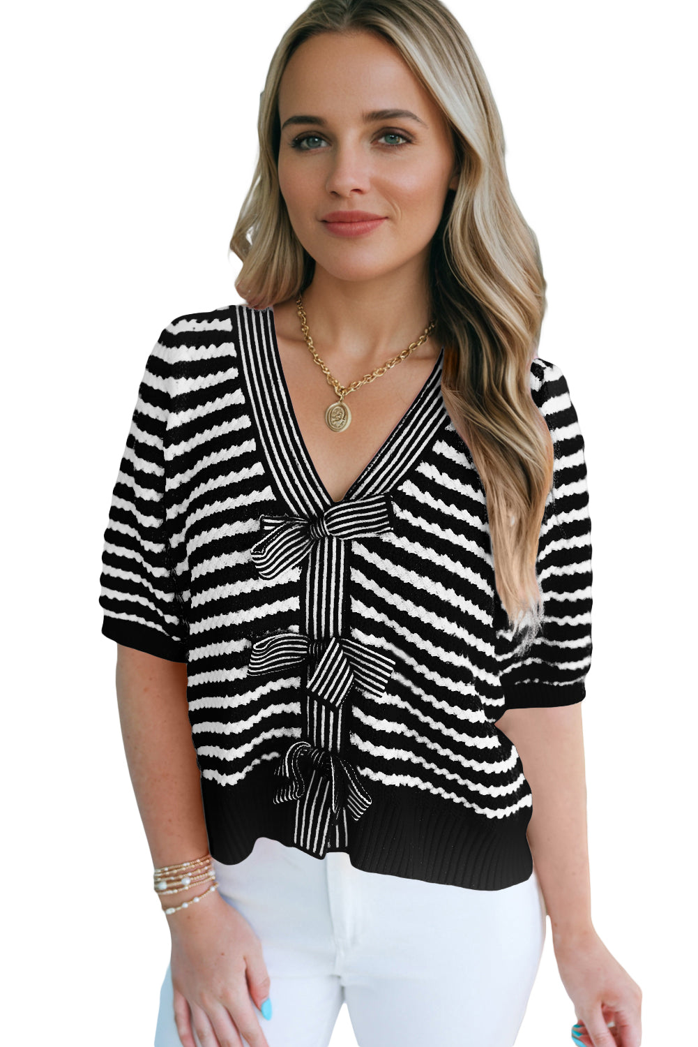 Stripe Short Sleeve V-Neck Bow Knot Knit Sweater
