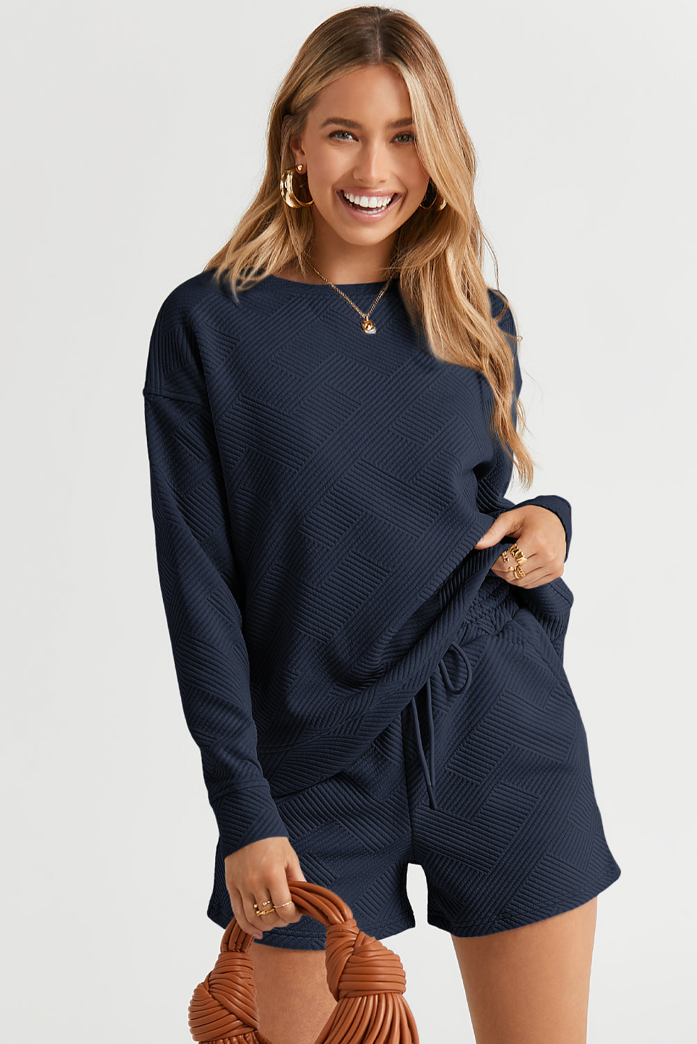 Navy Blue Textured Long Sleeve Top and Drawstring Shorts Set eAura