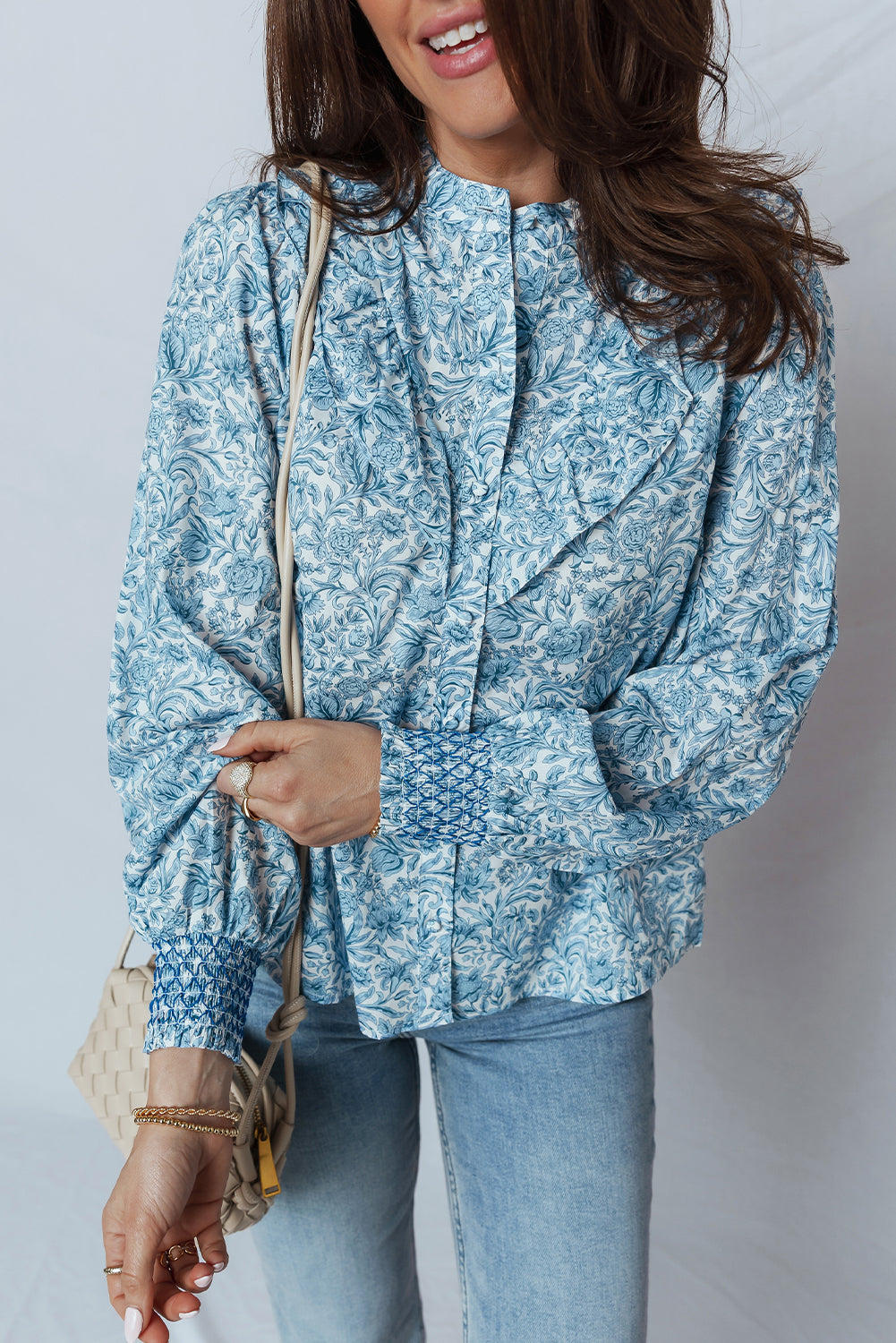 Sky Blue All Over Floral Puff Sleeve Shirt - eAura