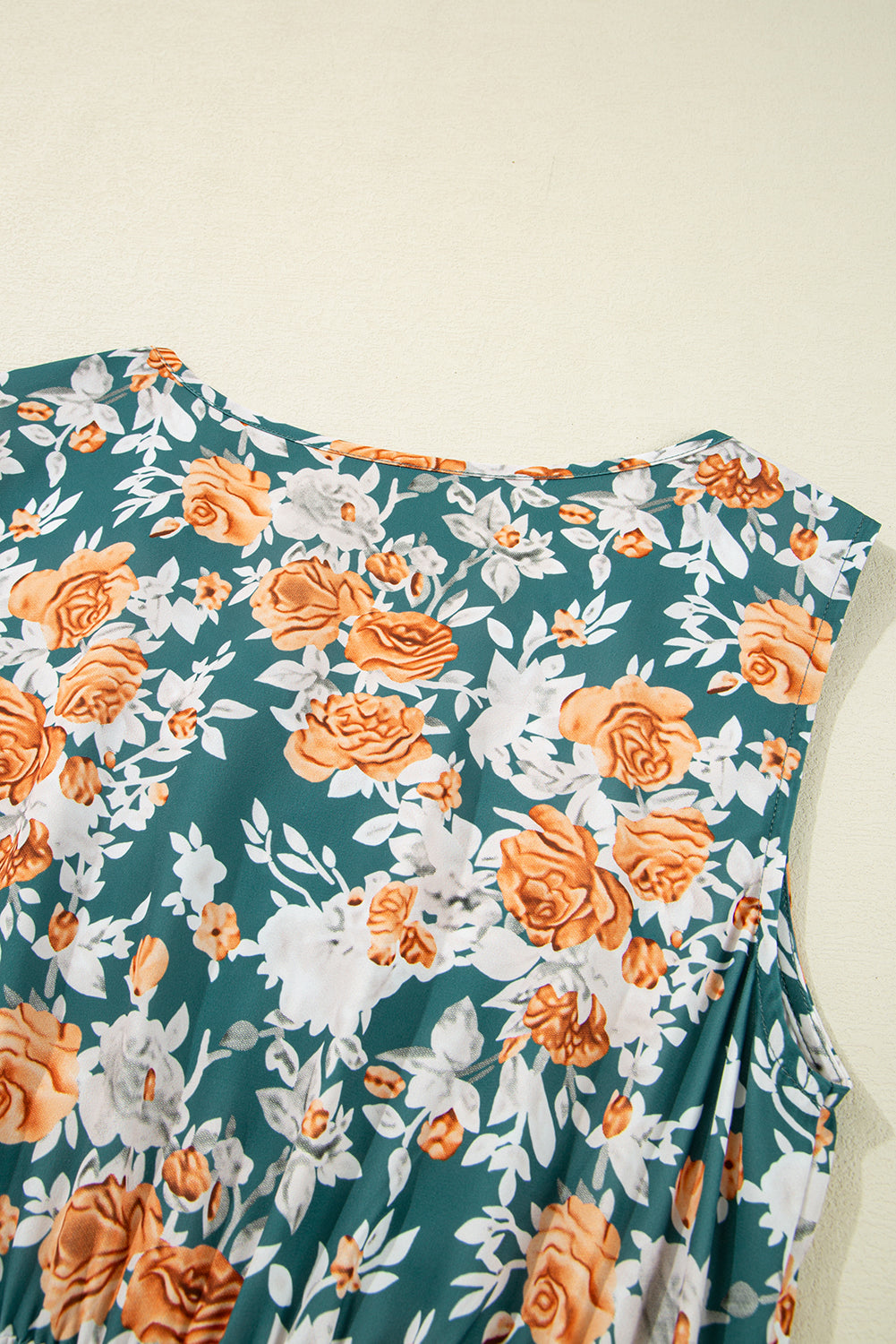 Green Floral Print Trimmed V Neck Tie Waist Sleeveless Holiday Long Dress - eAura