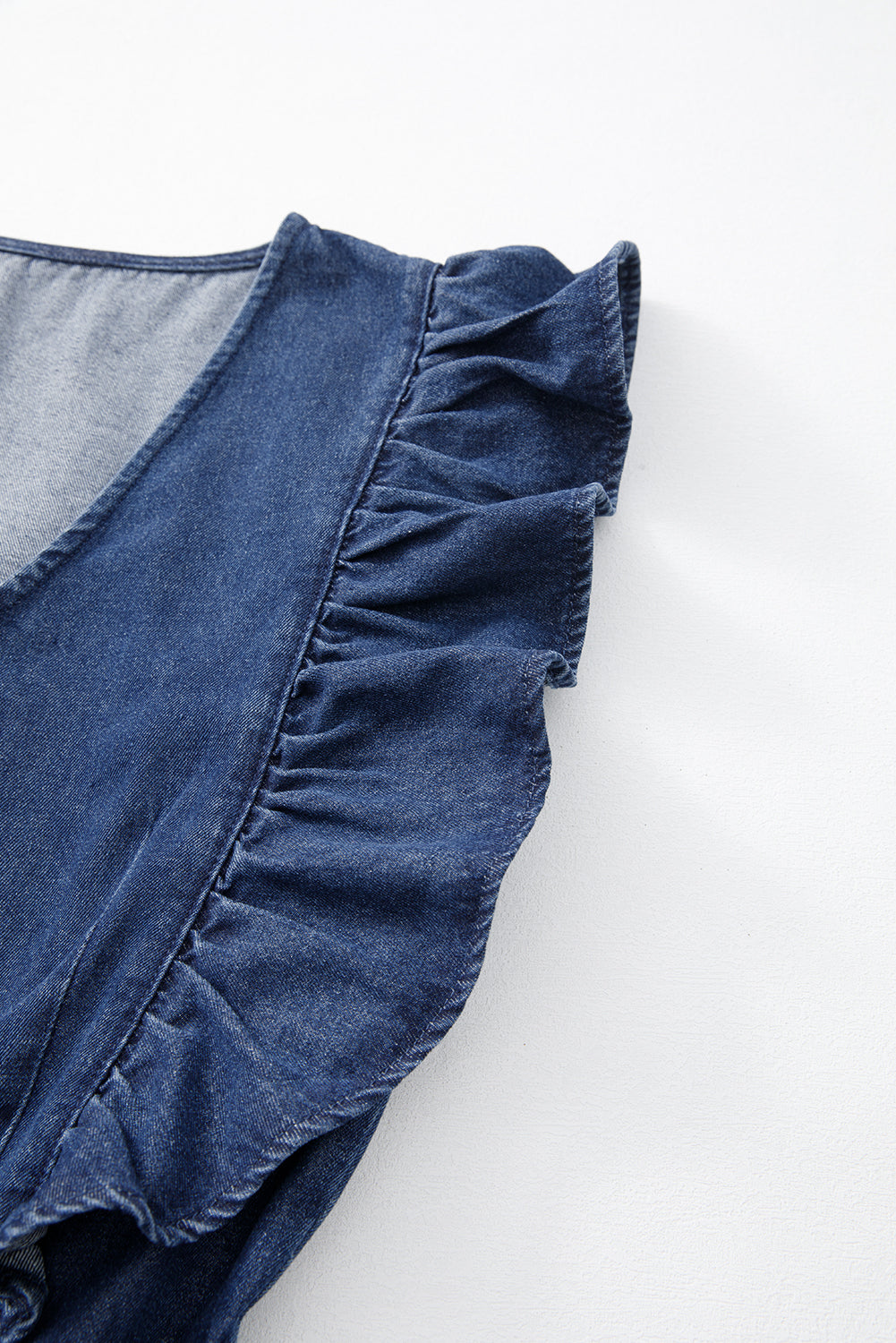 Sail Blue Denim Ruffled Zipped Front Belted Romper eAura
