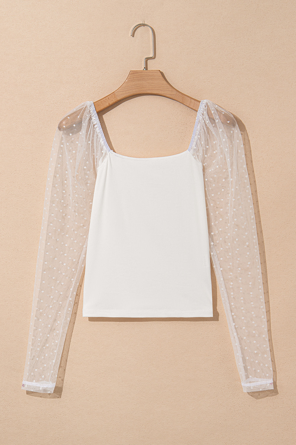 White Swiss Dot Mesh Long Sleeve Square Neck Slim Top eAura