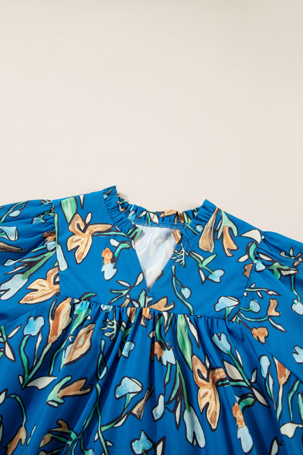 Blue Floral Notched V Neck Half Sleeve Plus Size Blouse BB Fashion Outlet
