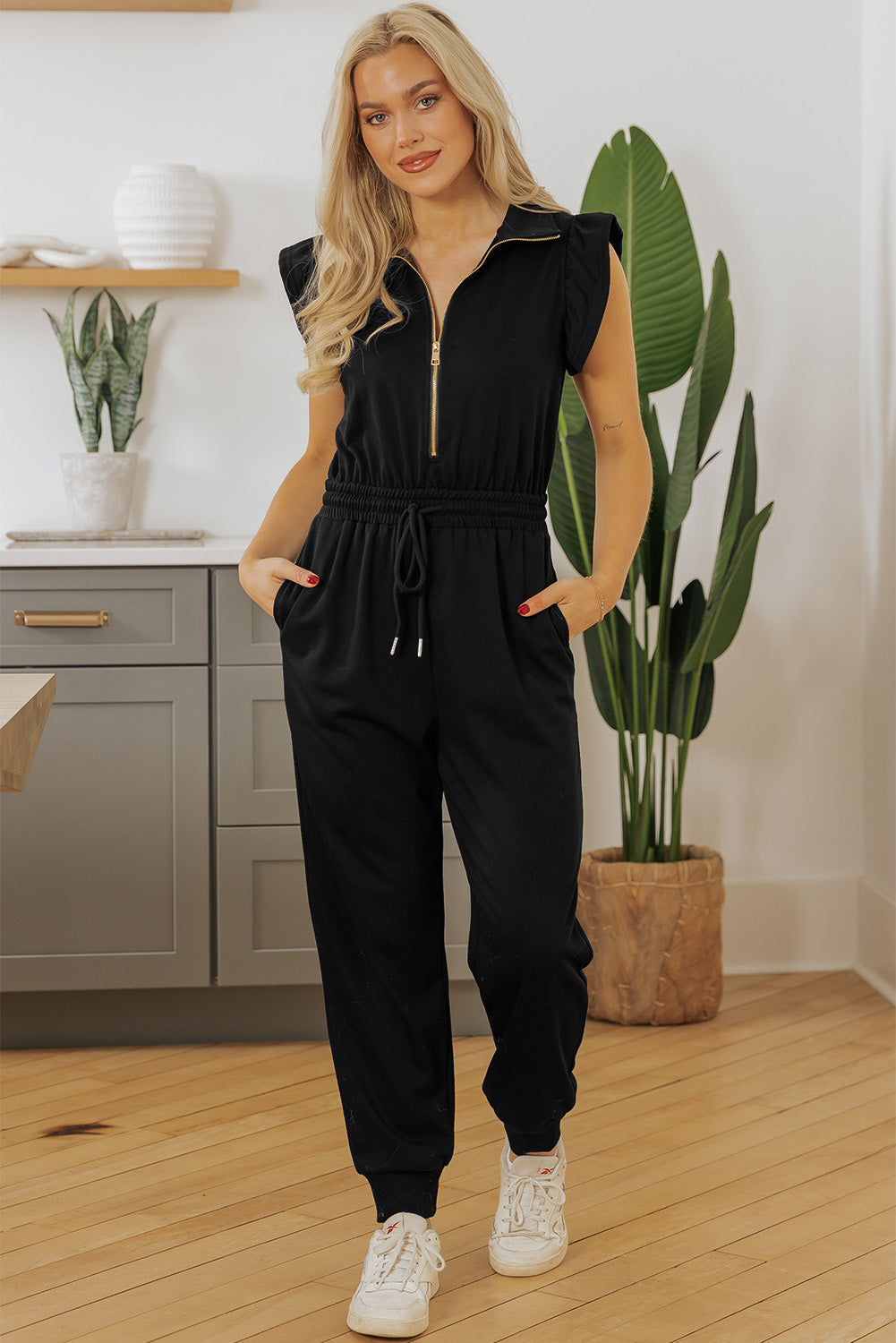 Black Zipper Flutter Sleeve Drawstring High Waist Jumpsuit eAura