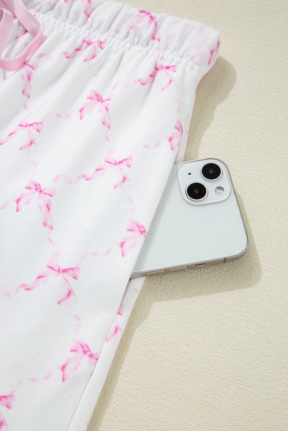 Pink Bow Knot Geometric Print Lettuce Trim Two Piece Pyjamas eAura