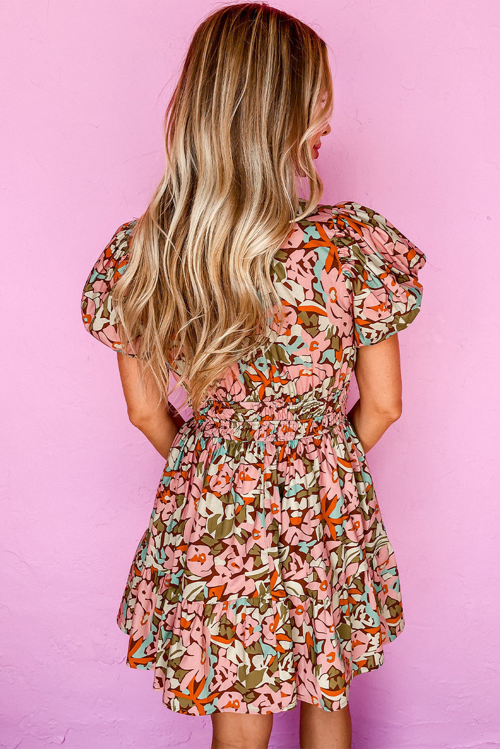 Pink Floral Print Puff Sleeve Shirred High Waist Mini Dress eAura