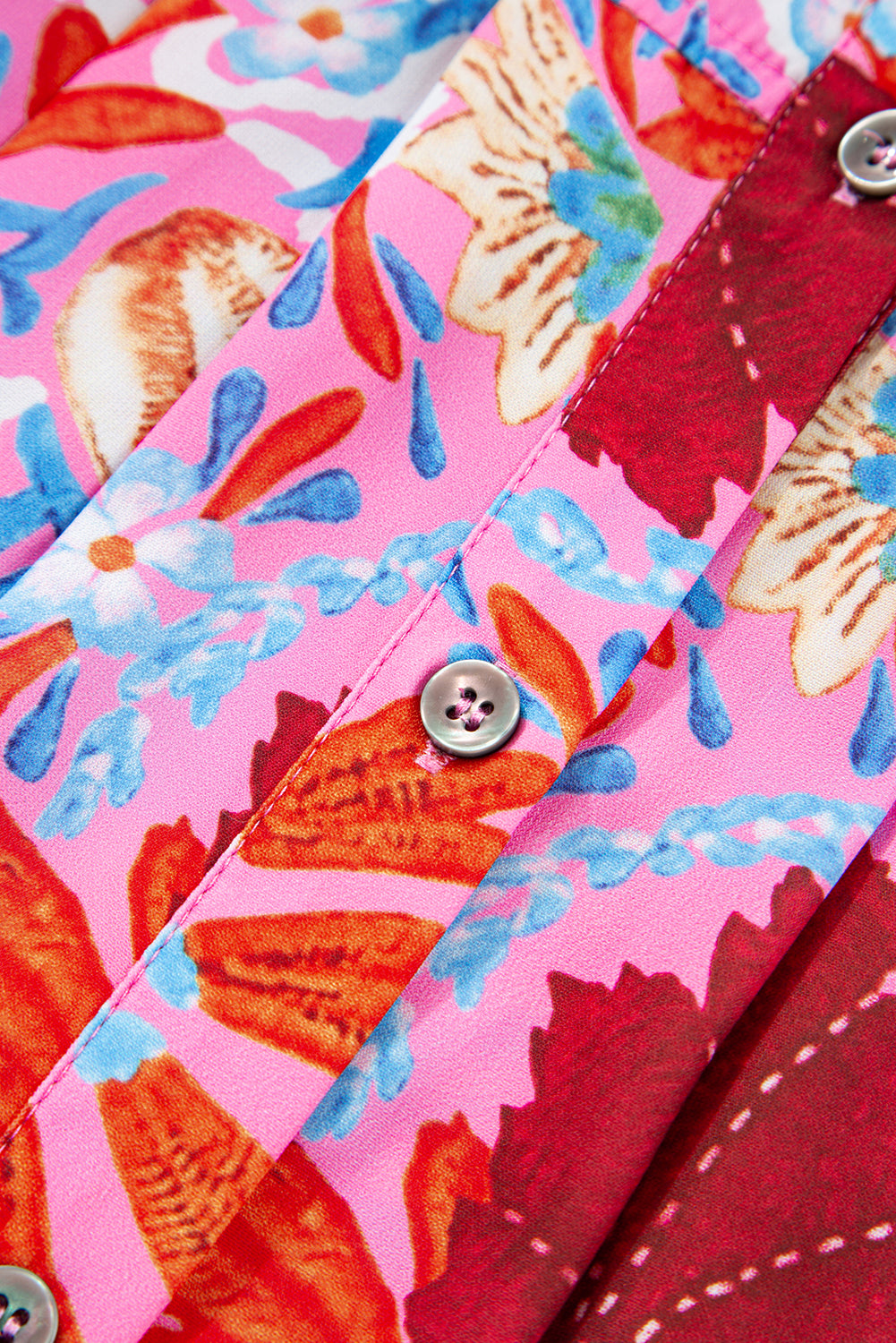 Floral Print Bubble Sleeve Button-Up Pleated Shirt – Pink