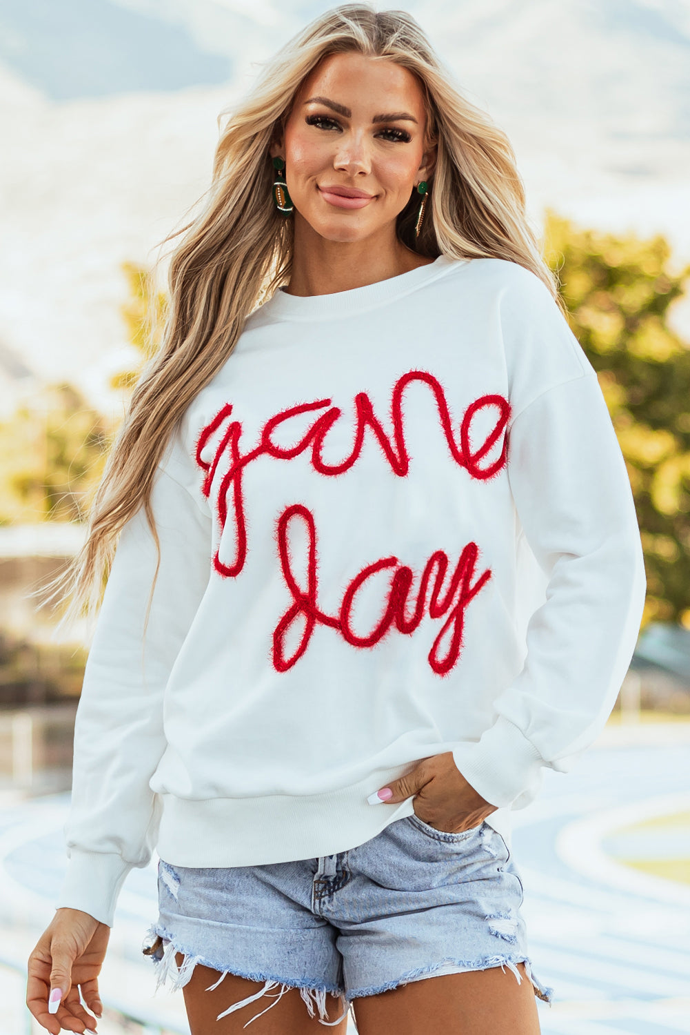 White Tinsel Game Day Drop Shoulder Graphic Sweatshirt eAura