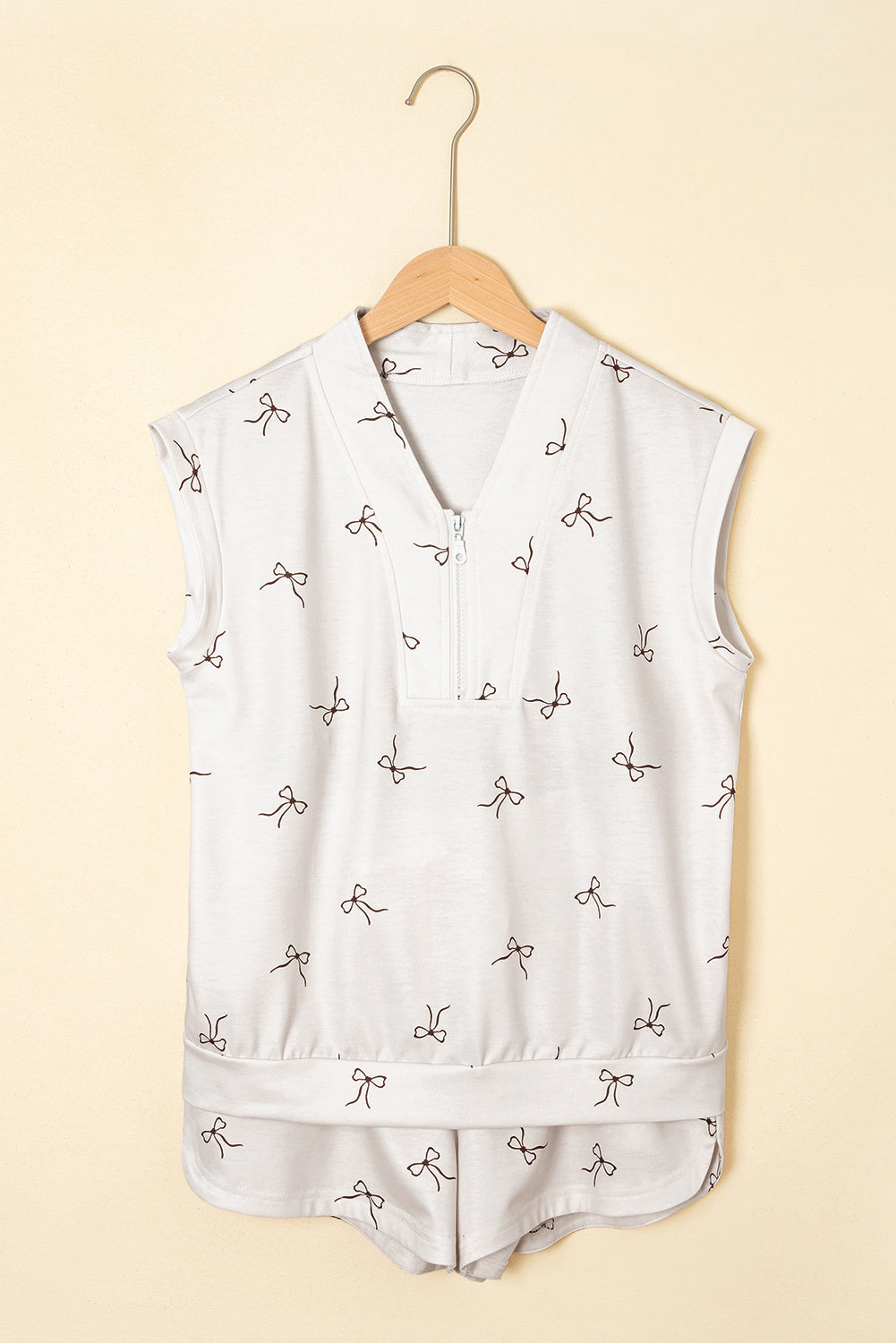 Beige Bow Print Half Zip Tank and Shorts 2pcs Set eAura