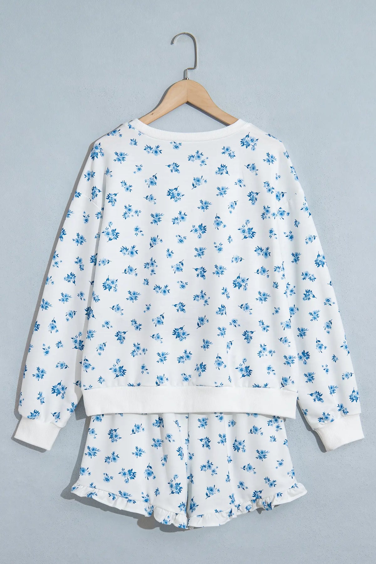 Floral Print Long Sleeve Top Elastic Waist Ruffle Hem Shorts 2pcs Set – Sky Blue