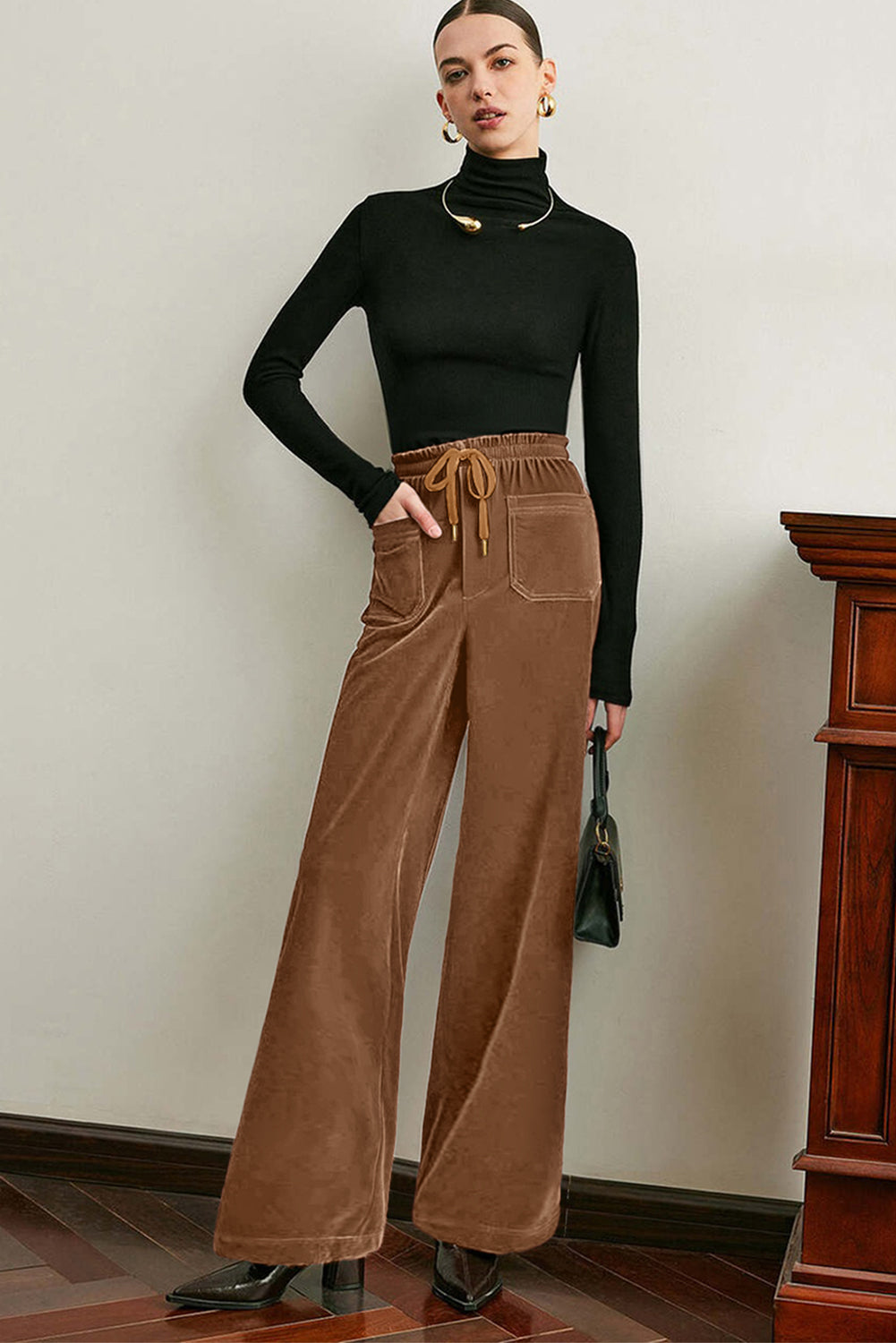 Straight Leg Drawstring Elastic High Waist Trousers - eAura