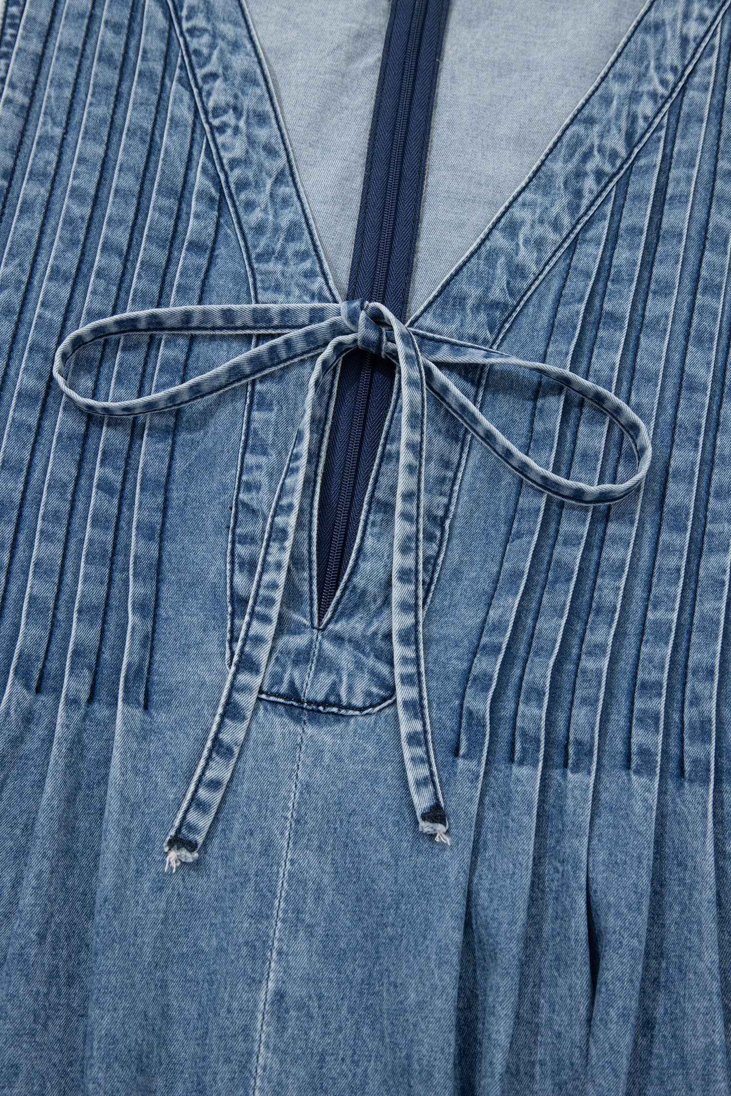 Acid Wash Pintuck Tie V Neck Denim Wide Leg Jumpsuit