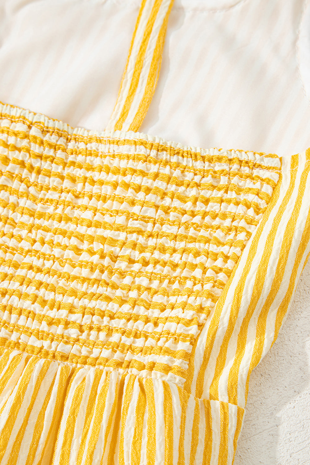 Yellow Stripe Shoulder Tie Smocked Back Wide Leg Casual Romper Dear-Lover Dropshipping
