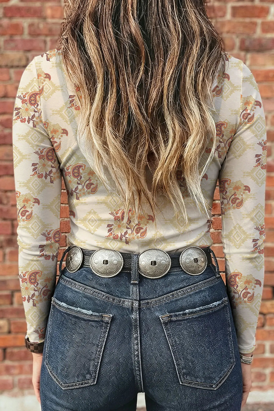 Floral Print Slim Fit Mesh Long Sleeve Mock Neck Top