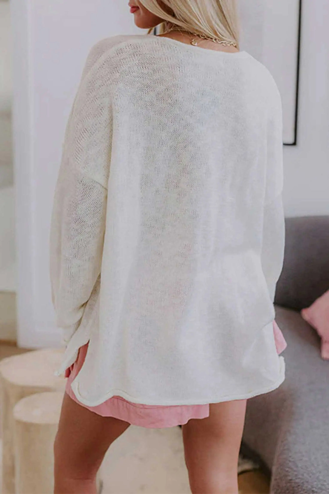 V Neck Lightweight Knit BEACH SIDE Shift Tunic Sweater – White