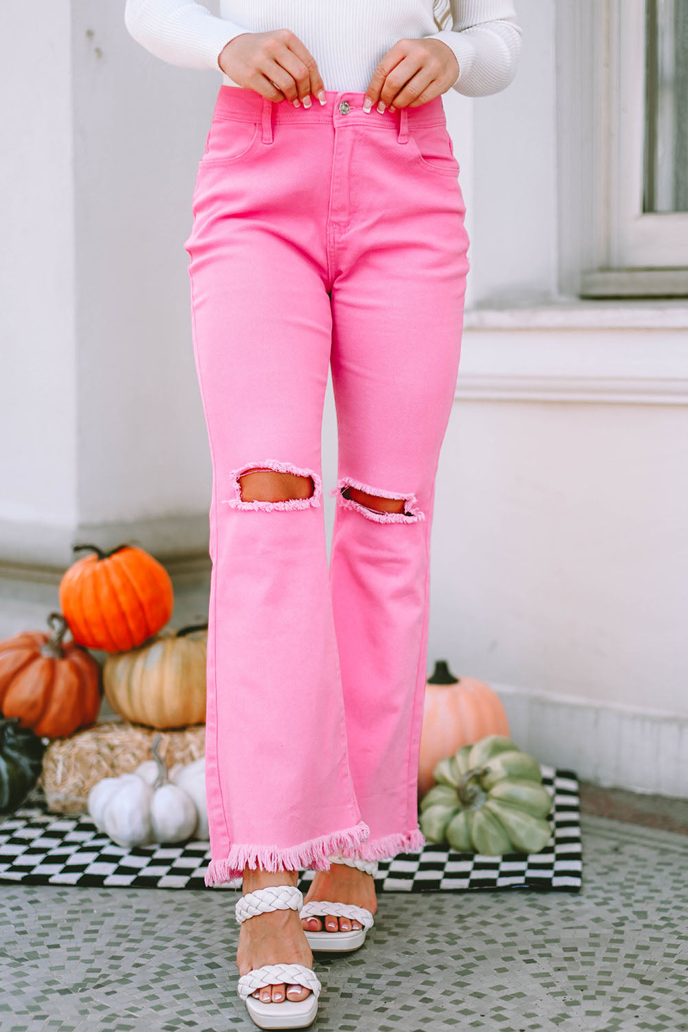 Pink Vintage High Waist Flare Leg Ripped Raw Hem Jeans Beagle Boutique Fashion Outlet