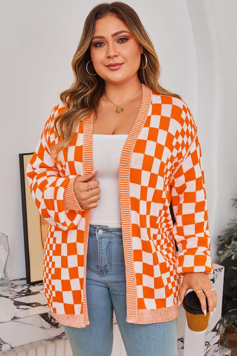 Checkered Bubble Sleeve Drop Shoulder Open Cardigan eAura