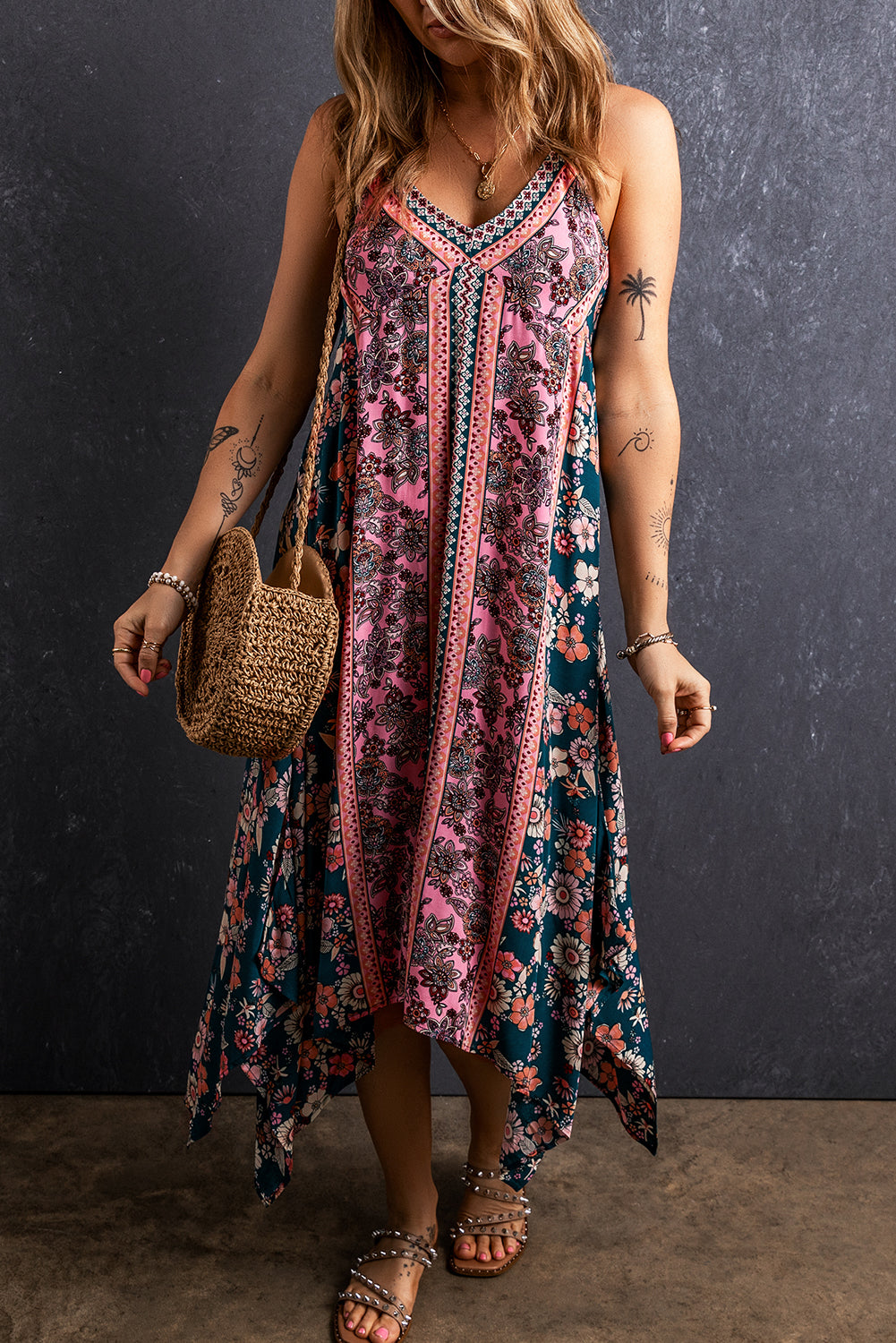 Pink Bohemian Floral Patchwork Print Long Sundress eAura