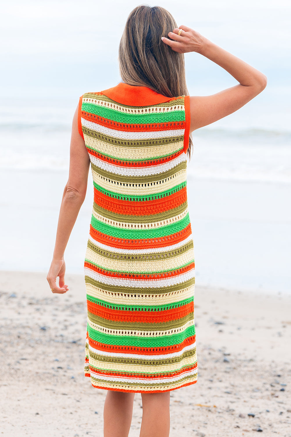 Yellow Stripe Eyelet Sleeveless Buttoned Split Neck Sweater Dress eAura