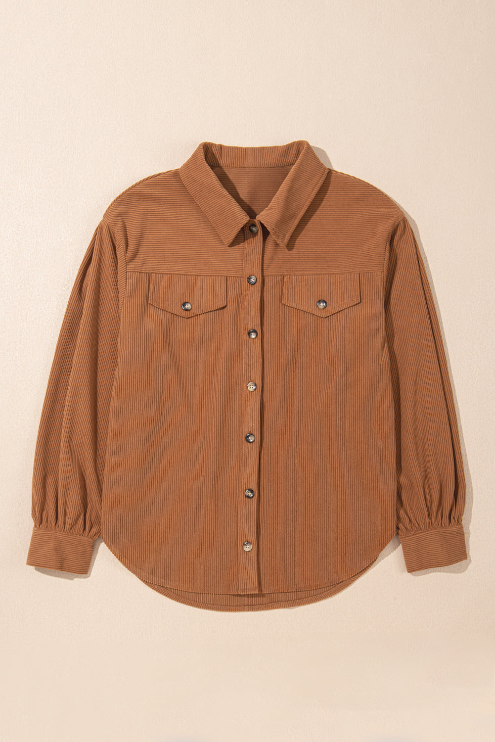 Cinnamon Corduroy Flap Pocket Button Up Round Hem Shacket eAura