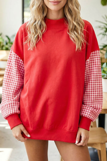 Plaid Sleeve Colorblock Loose Tunic Sweatshirt – Fiery Red
