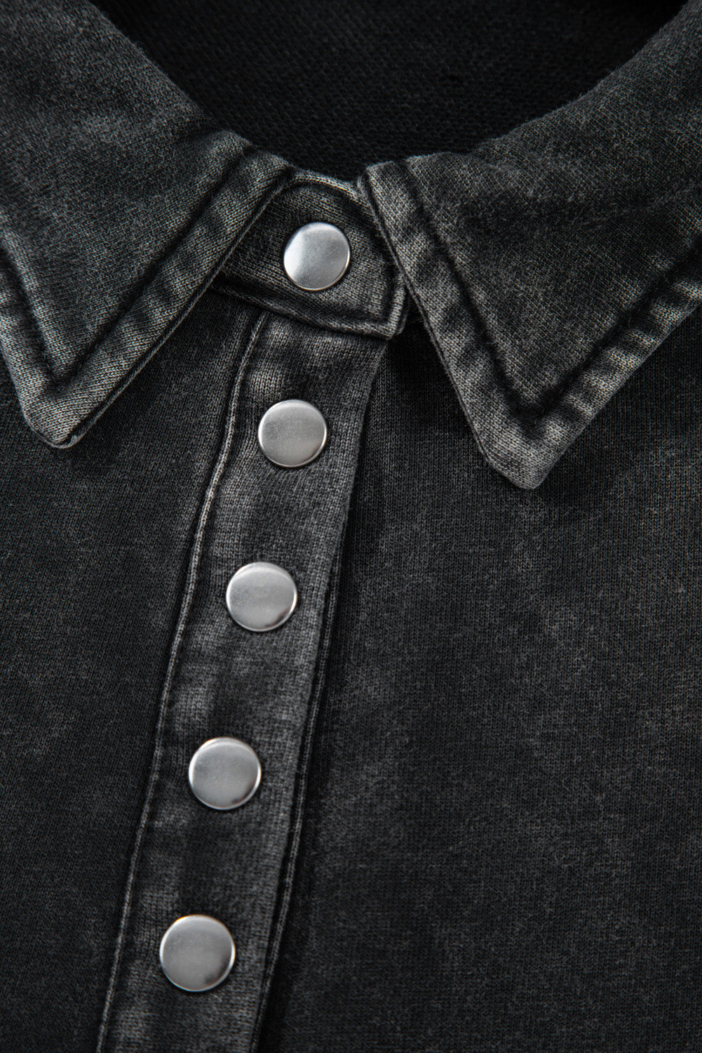 Black Solid Snap Buttons Collared Balloon Sleeve Oversized Sweatshirt eAura