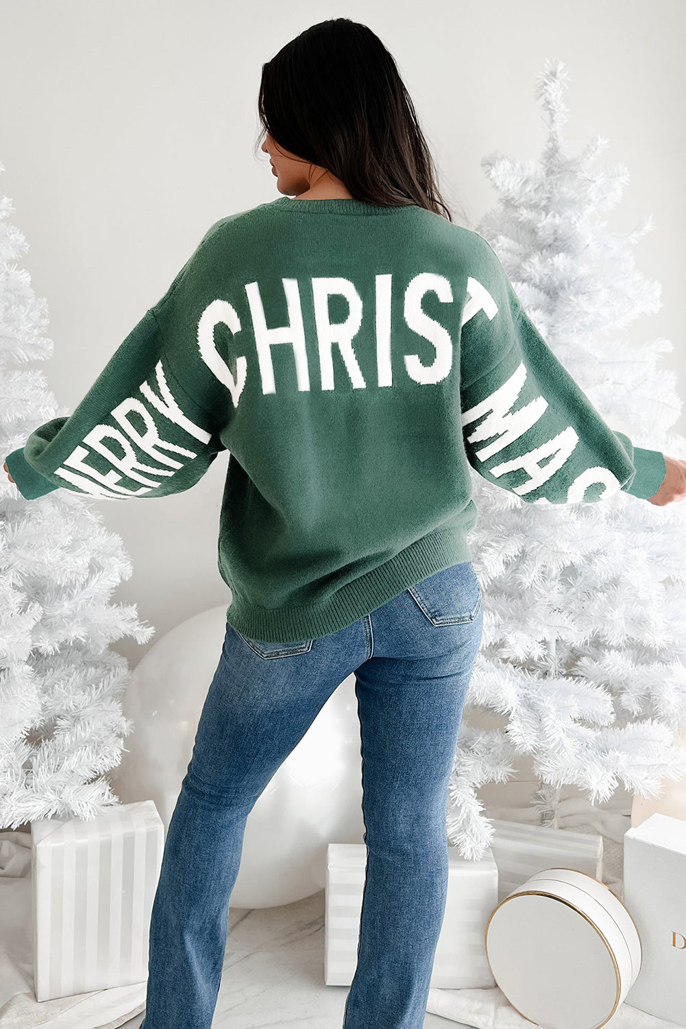 HO HO HO MERRY CHRISTMAS Drop Shoulder Loose Sweater - eAura